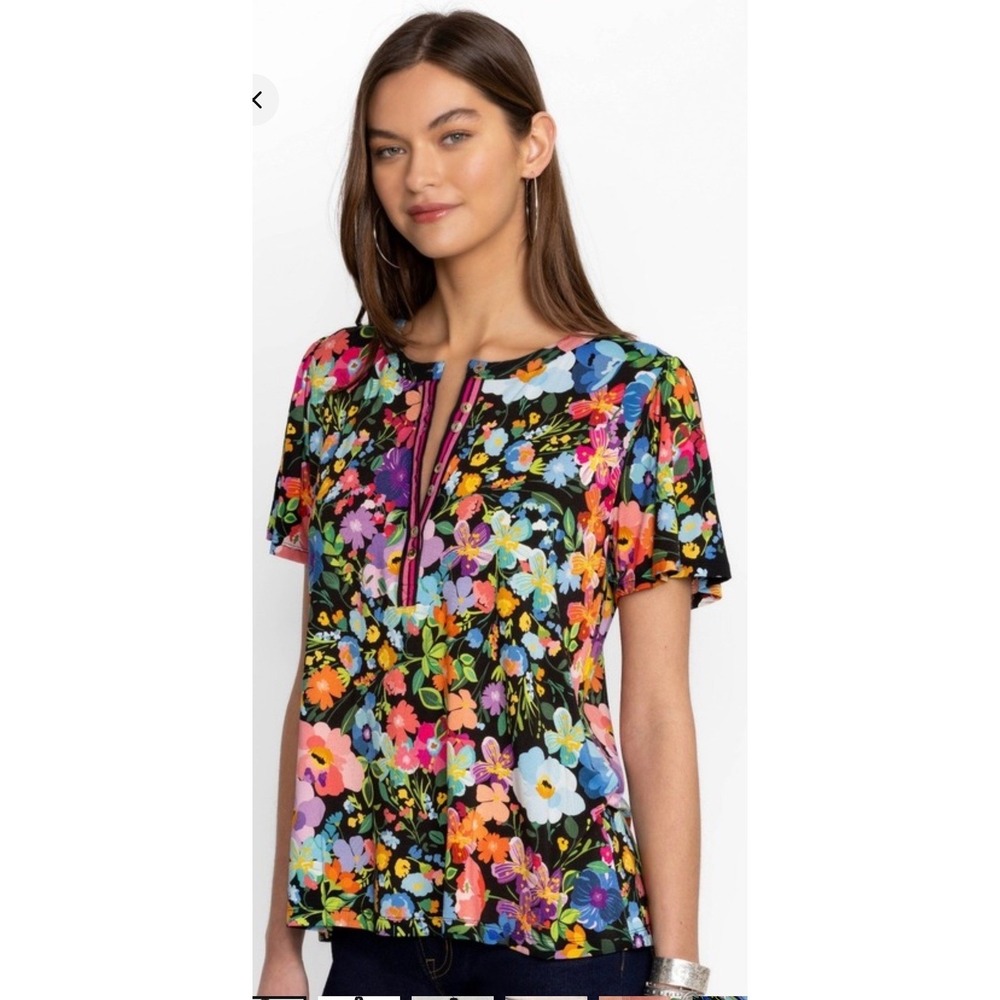 Johnny Was Floral Henley Top Small Black Multicolor Stretch Boho Oversized